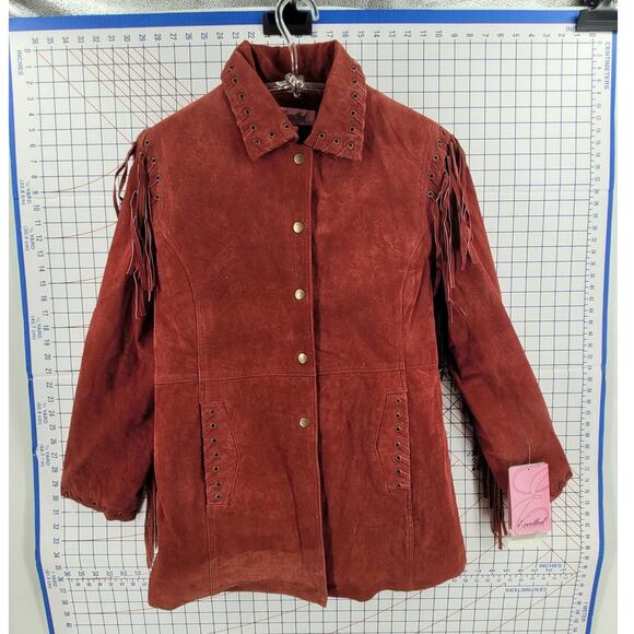 Maroon Western Fringe Layer Cozy Lined Snap Jacket Vintage Chic Womens - Picture 5 of 16